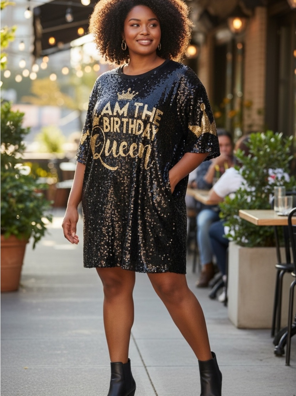 Sequin 'Birthday Queen' Mini Dress in Black & Gold